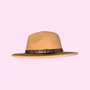 Stylish Tan Wide-Brim Fedora Hat with Decorative Band